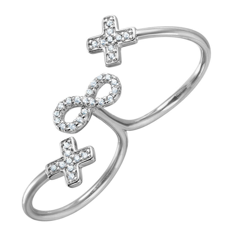 Silver 925 Rhodium Plated Crosses and Infinity CZ Two-Finger Open Ring - BGR00999 | Silver Palace Inc.