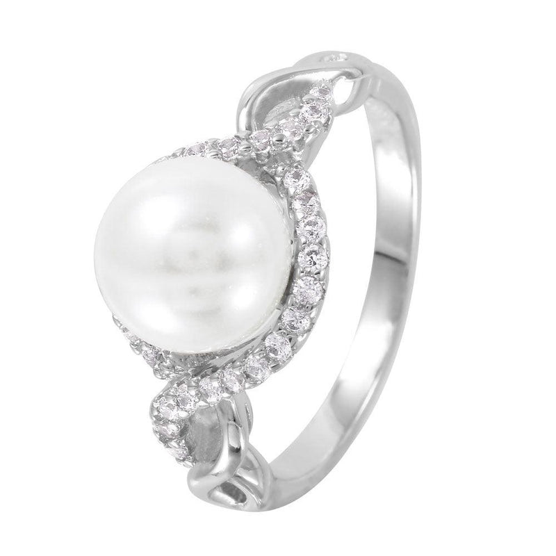 Silver 925 Rhodium Plated CZ Accented Faux Pearl Ring - BGR01000 | Silver Palace Inc.
