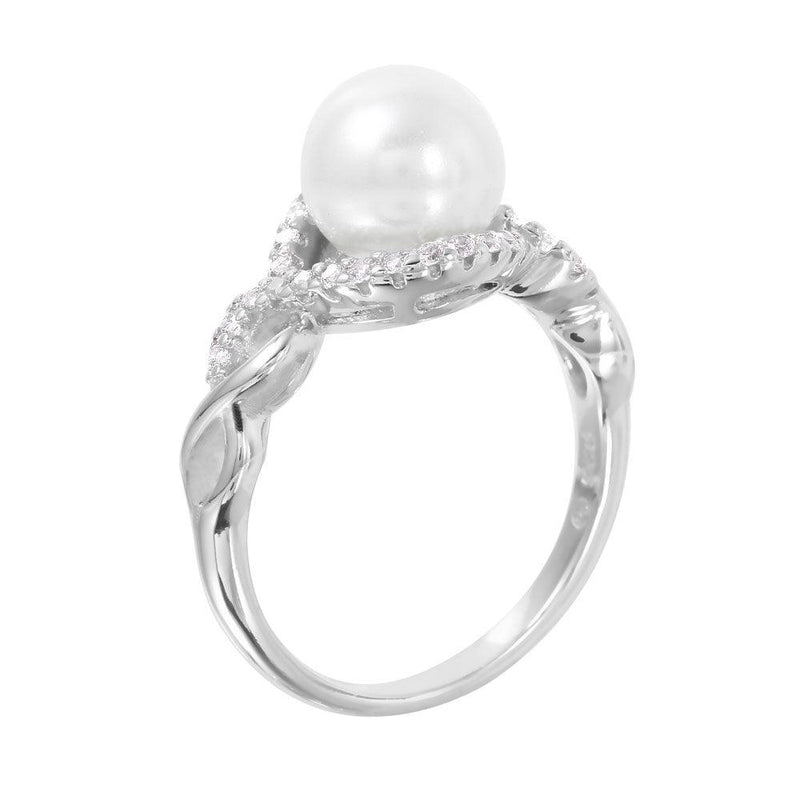 Silver 925 Rhodium Plated CZ Accented Faux Pearl Ring - BGR01000