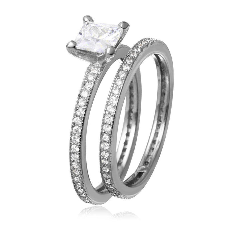 Conjunto de anillo de boda nupcial con circonita cúbica cuadrada central chapada en rodio de plata 925 - BGR01007