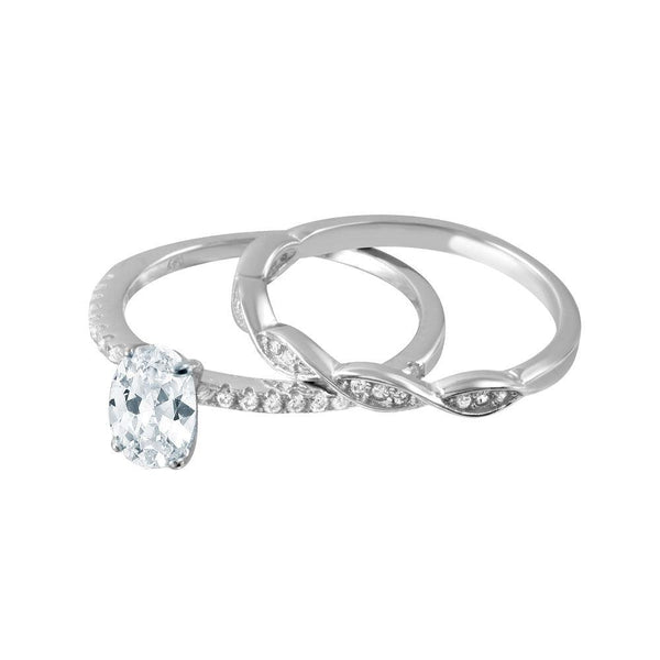 Silver 925 Rhodium Plated Clear CZ Twist Bridal Wedding Ring Set - BGR01008 | Silver Palace Inc.