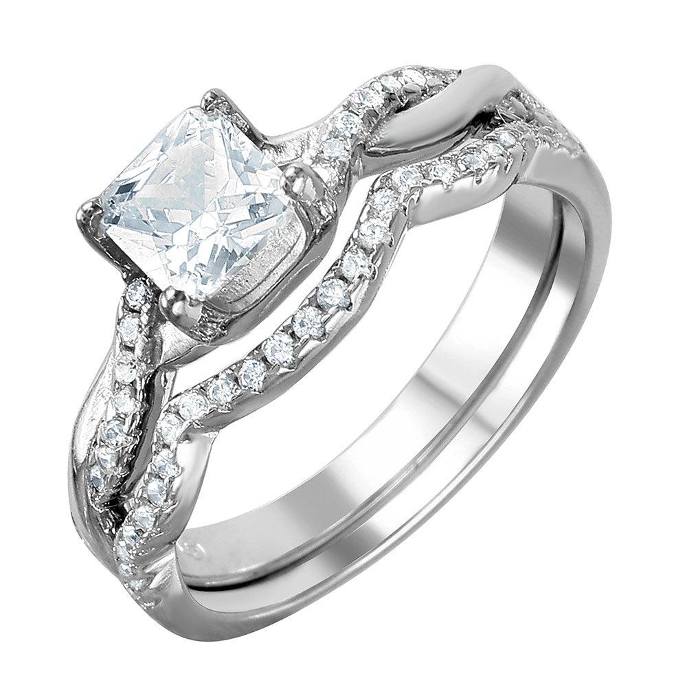 Silver 925 Rhodium Plated Rope Designed Band Bridal Ring with CZ Stones - BGR01009 | Silver Palace Inc.