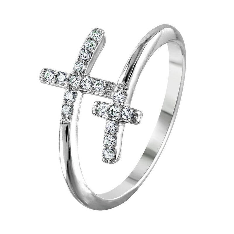 Silver 925 Rhodium Plated Double CZ Cross Ring - BGR01013 | Silver Palace Inc.