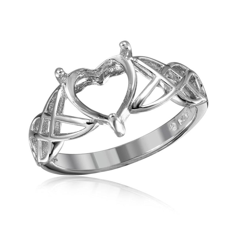 Silver 925 Rhodium Plated Criss Cross Designed Shank Heart Mounting Ring - BGR01016 | Silver Palace Inc.
