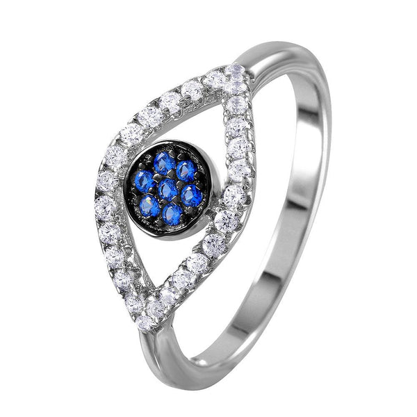 Silver 925 Rhodium Plated Open Evil Eye Ring with Blue Center Stones - BGR01024 | Silver Palace Inc.