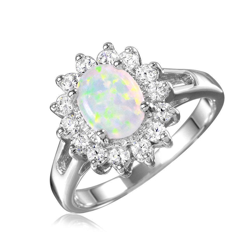 Silver 925 Rhodium Plated Oval Halo Ring with Synthetic Opal Center Stone - BGR01027 | Silver Palace Inc.