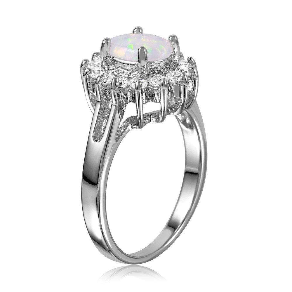 Silver 925 Rhodium Plated Oval Halo Ring with Synthetic Opal Center Stone - BGR01027