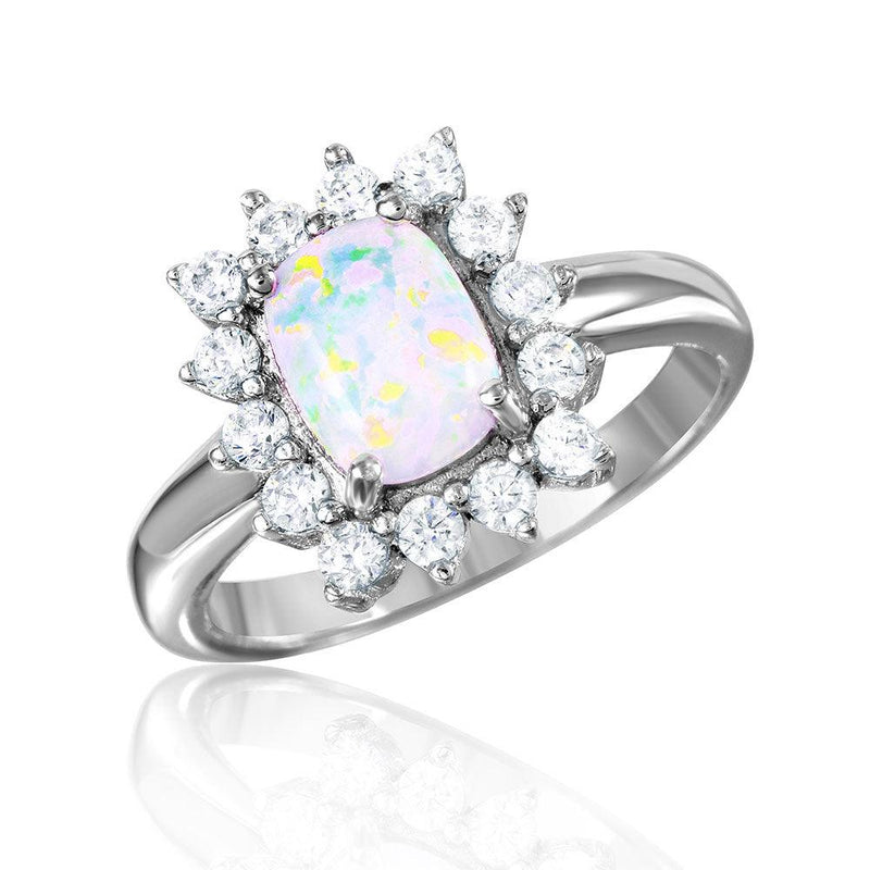 Silver 925 Rhodium Plated Rectangle Halo Ring with Synthetic Opal Center - BGR01030 | Silver Palace Inc.