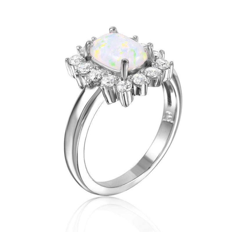 Silver 925 Rhodium Plated Rectangle Halo Ring with Synthetic Opal Center - BGR01030