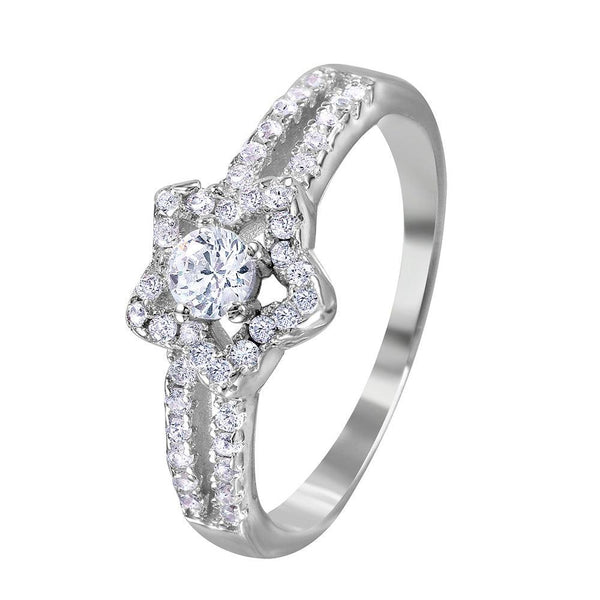 Silver 925 Rhodium Plated Split Shank Open Star CZ Encrusted Ring - BGR01033 | Silver Palace Inc.