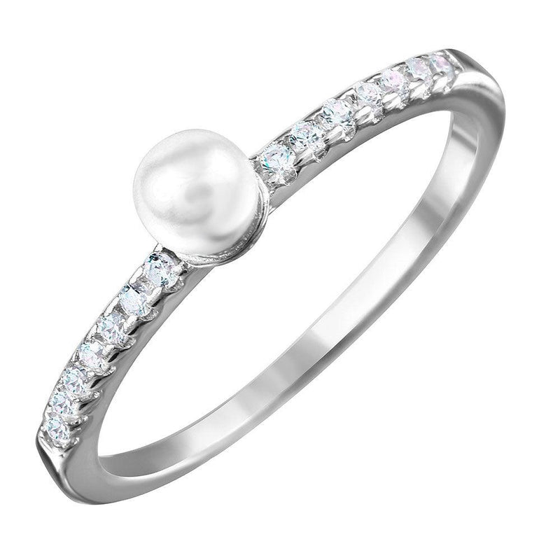 Silver 925 Rhodium Plated Synthetic Center Pearl Ring with Cubic Zirconia Stones - BGR01037 | Silver Palace Inc.