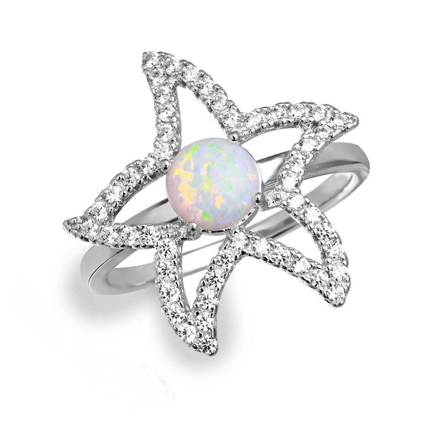 Silver 925 Rhodium Plated Open Starfish Ring with Synthetic Opal and CZ - BGR01048 | Silver Palace Inc.