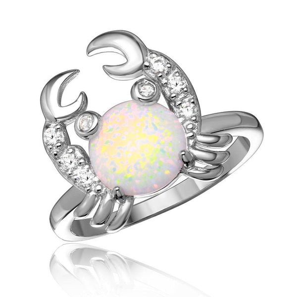 Silver 925 Rhodium Plated Hanging Crab Design Ring with Synthetic Opal and CZ - BGR01051 | Silver Palace Inc.