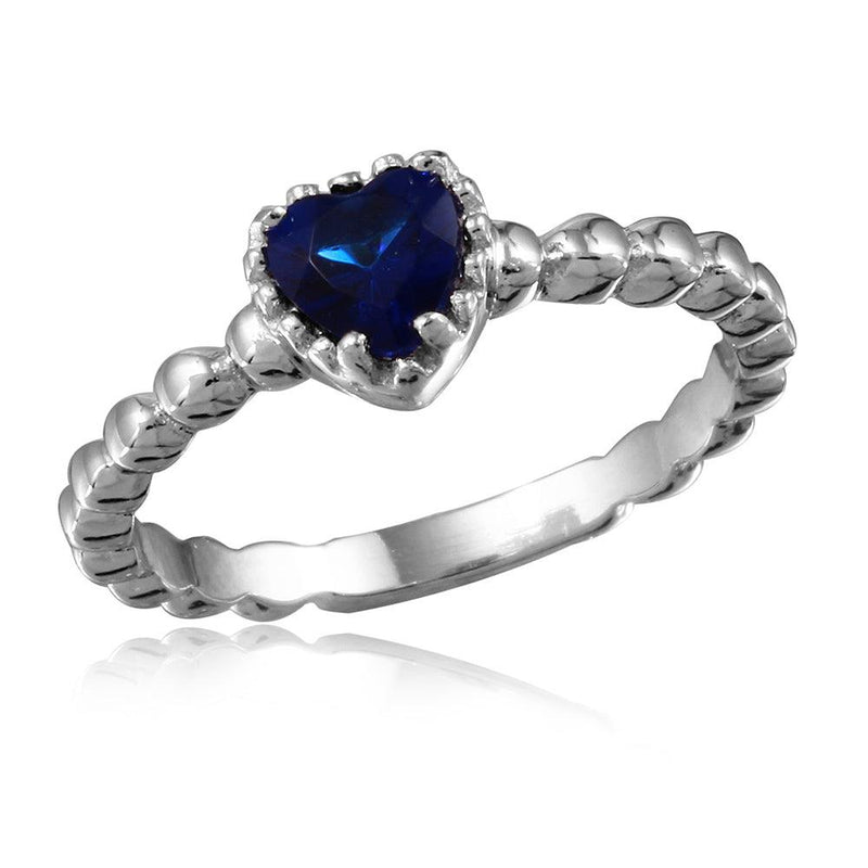 Silver 925 Rhodium Plated Beaded Band Blue Heart Center Stone Ring - BGR01052BLUE | Silver Palace Inc.