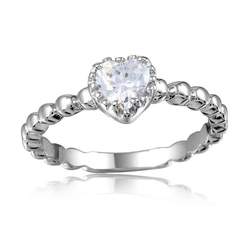 Silver 925 Rhodium Plated Beaded Band Clear Heart Center Stone Ring - BGR01052CLR | Silver Palace Inc.