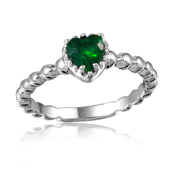 Silver 925 Rhodium Plated Beaded Band Green Heart Center Stone Ring - BGR01052GRN | Silver Palace Inc.