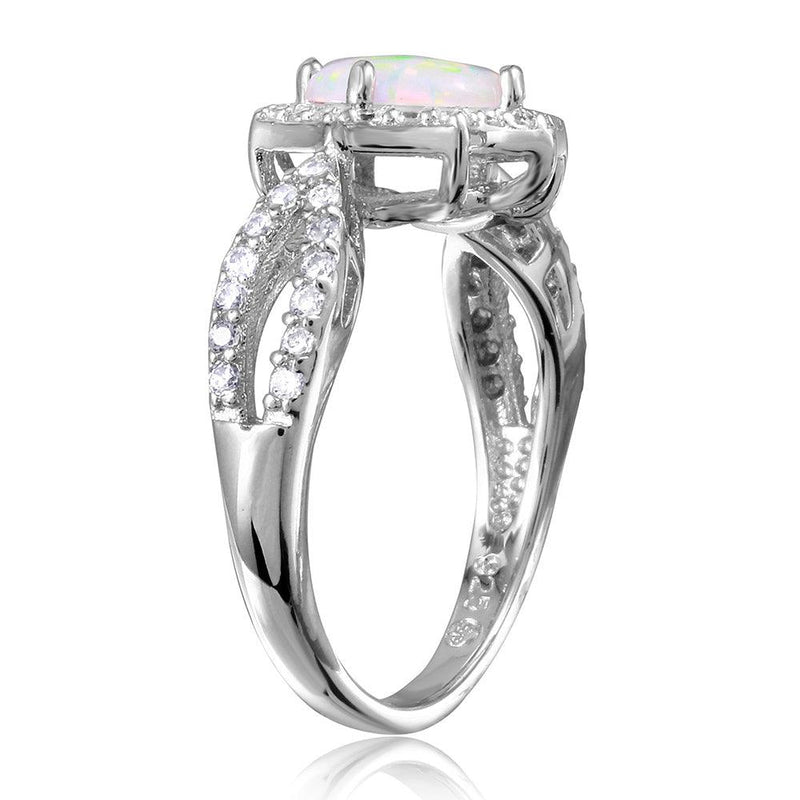 Silver 925 Rhodium Plated Synthetic Opal Halo CZ Ring - BGR01054