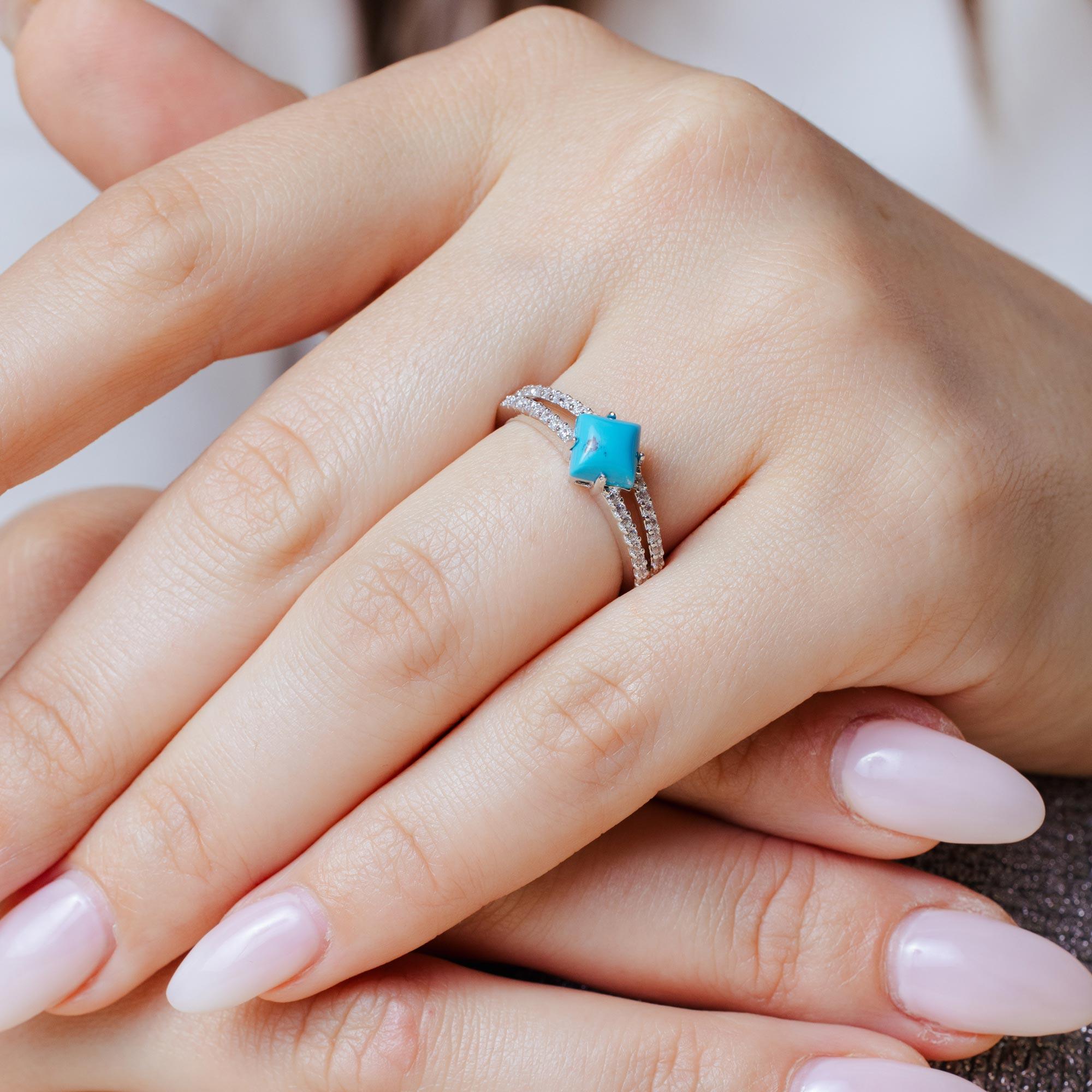 Silver 925 Rhodium Plated Turquoise Center Stone Ring with CZ Shank - BGR01057