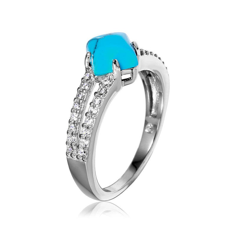 Silver 925 Rhodium Plated Turquoise Center Stone Ring with CZ Shank - BGR01057