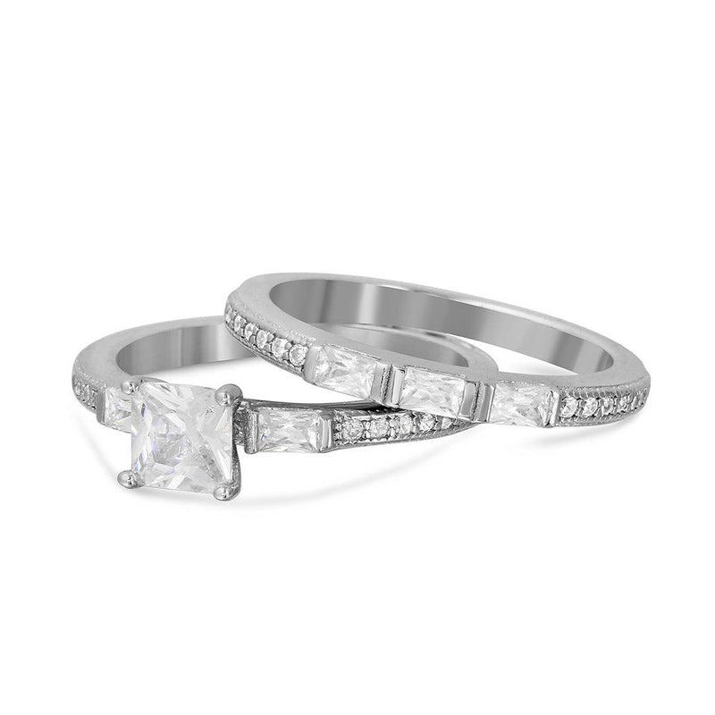 Juego de anillos de boda con piedra central cuadrada y micropavé chapados en rodio en plata 925 - BGR01065