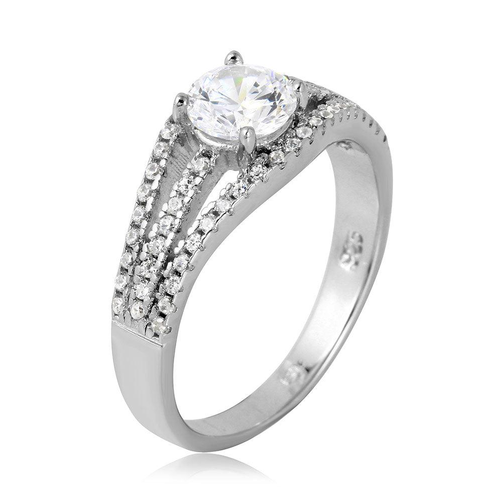 Anillo de piedra central redonda con vástago abierto chapado en rodio de plata 925 - BGR01067