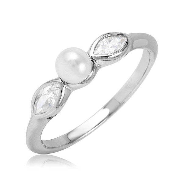 Silver 925 Rhodium Plated Cats Eye CZ Synthetic Pearl Center Stone Ring - BGR01078 | Silver Palace Inc.