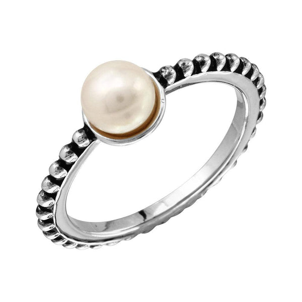 Silver 925 Rhodium Plated Beaded Shank Fresh Water Center Pearl Ring - BGR01092 | Silver Palace Inc.
