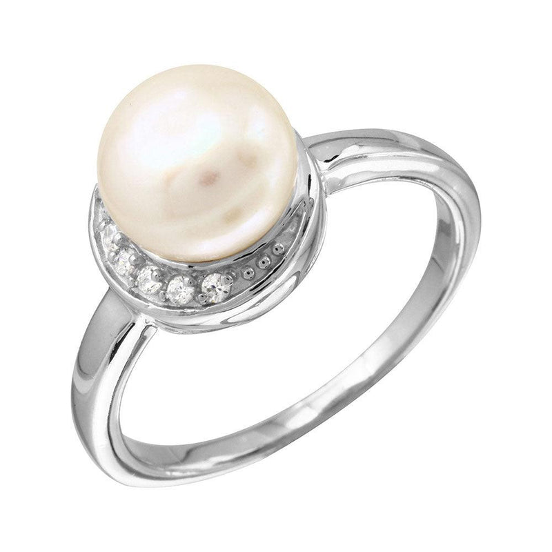 Silver 925 Rhodium Plated CZ Crescent Ring with Fresh Water Pearl - BGR01095 | Silver Palace Inc.