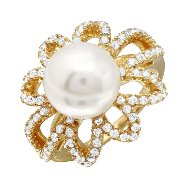 Silver 925 Gold Plated Open CZ Flower Ring with Synthetic Center Pearl - BGR01096 | Silver Palace Inc.