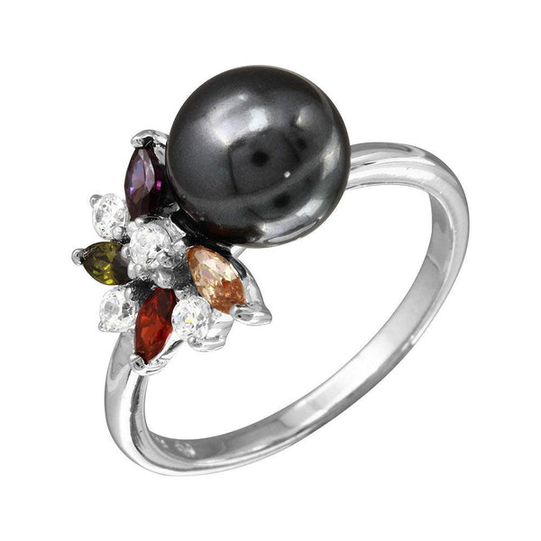 Silver 925 Rhodium Plated Multi Color CZ Flower Ring with Black Synthetic Pearl - BGR01097 | Silver Palace Inc.