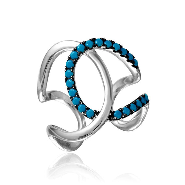 Silver 925 Rhodium Plated Open Ended Interlock Ring with Turquoise Stones - BGR01099 | Silver Palace Inc.