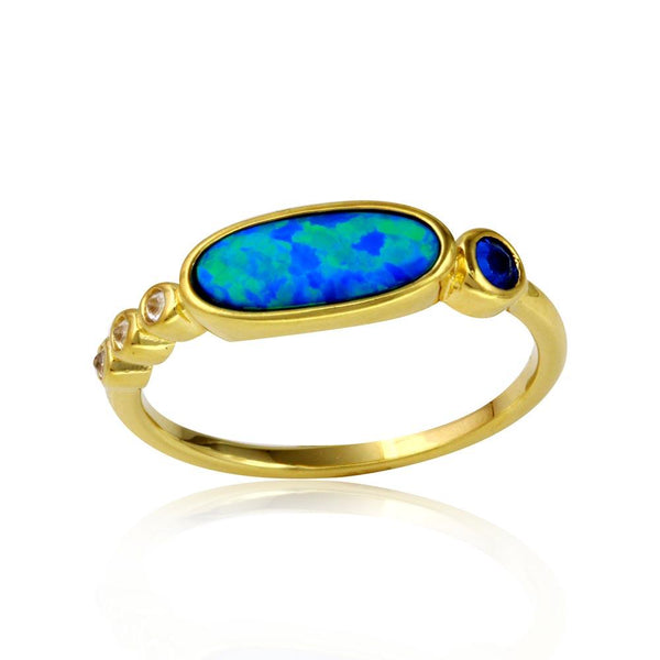 Silver 925 Gold Plated Blue Opal Ring with Blue and Clear Round CZ - BGR01117 | Silver Palace Inc.