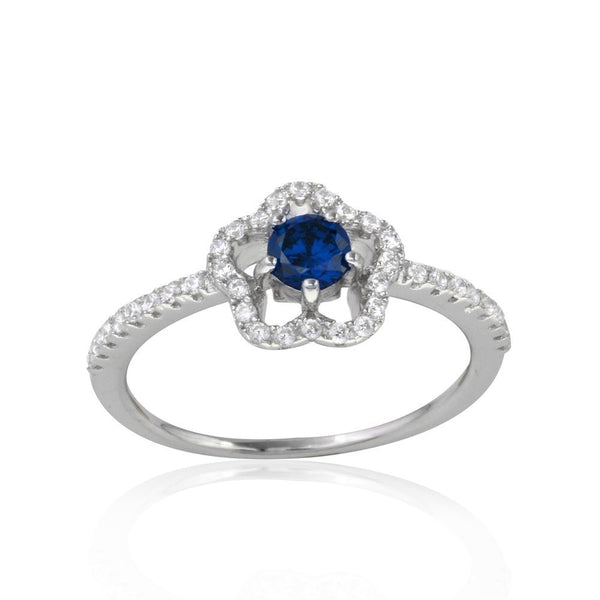 Silver 925 Rhodium Plated Clover Micropave Ring with Blue Center CZ and Clear Round CZ - BGR01120BLU | Silver Palace Inc.