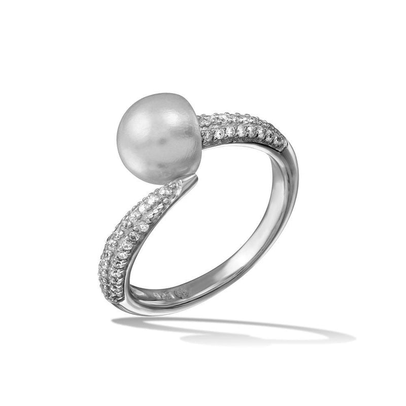Rhodium Plated 925 Sterling Silver CZ Fresh Water Pearl Center Ring - BGR01124