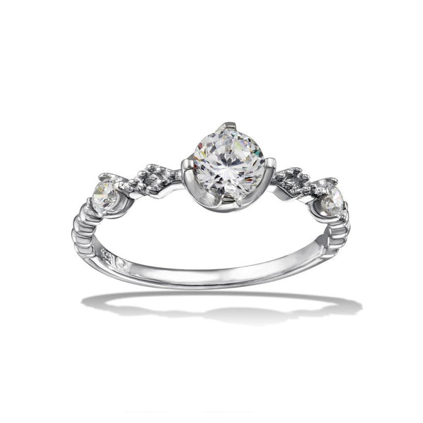 Silver 925 Rhodium Plated Beaded Shank CZ Ring - BGR01126 | Silver Palace Inc.