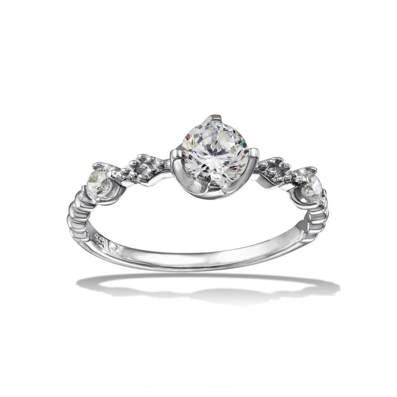 Silver 925 Rhodium Plated Beaded Shank CZ Ring - BGR01126 | Silver Palace Inc.