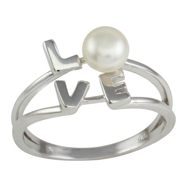 Silver 925 Rhodium Plated Love Word Ring with Synthetic Pearl - BGR01136 | Silver Palace Inc.
