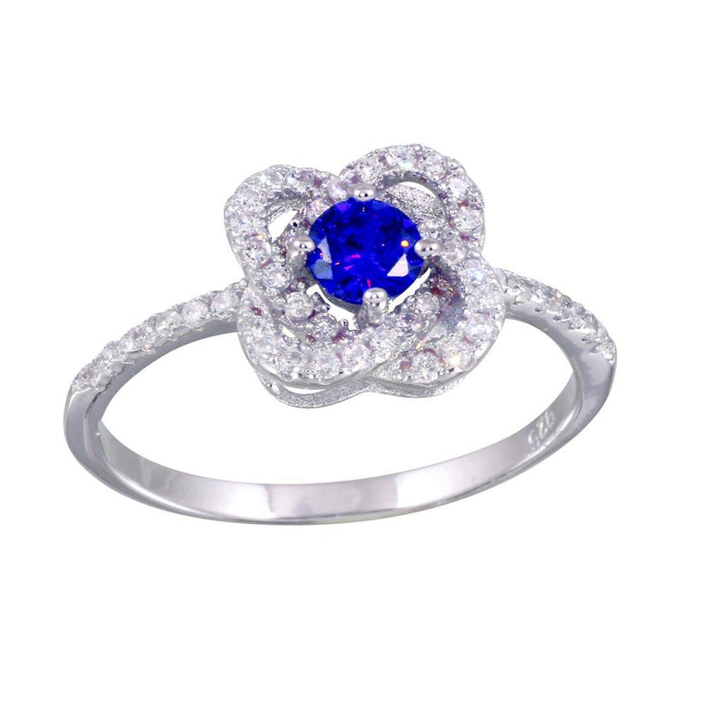 Silver 925 Rhodium Plated CZ Knot Blue Center Stone Ring - BGR01141BLU | Silver Palace Inc.