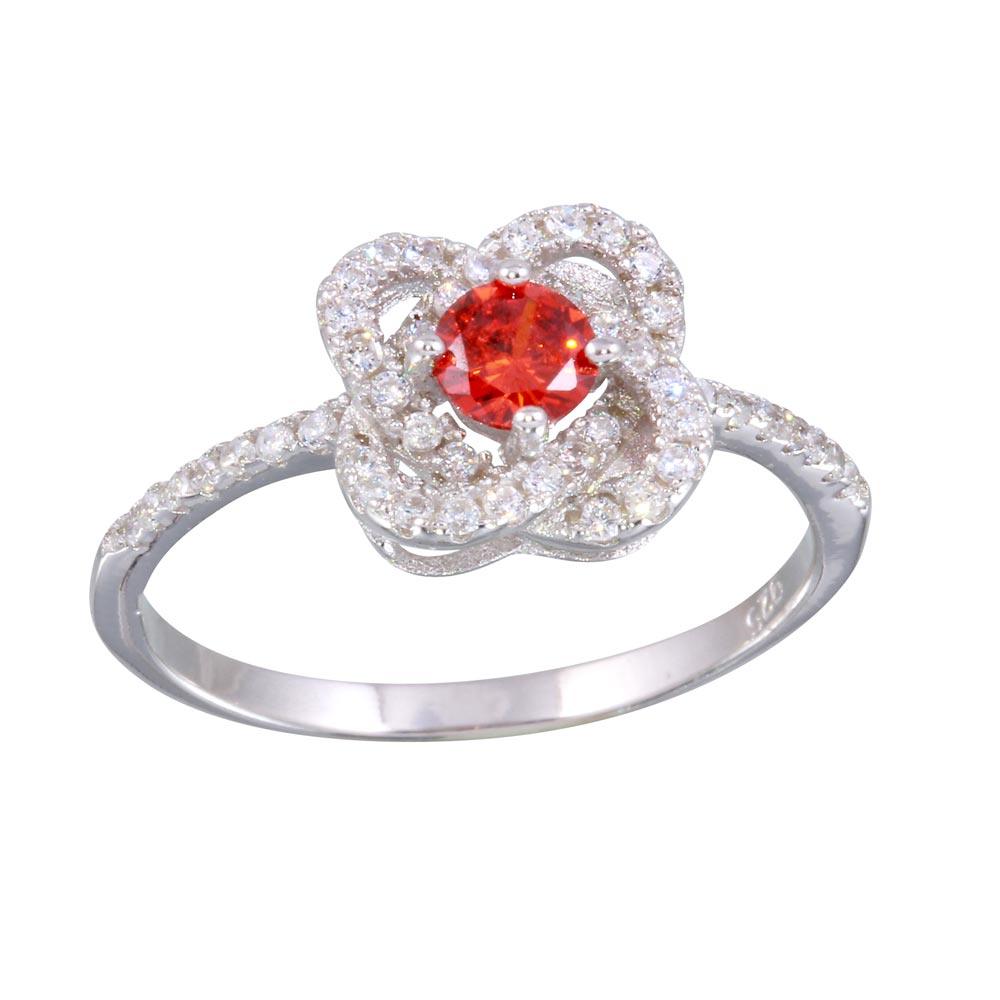 Silver 925 Rhodium Plated CZ Knot Red Center Stone Ring - BGR01141RED | Silver Palace Inc.