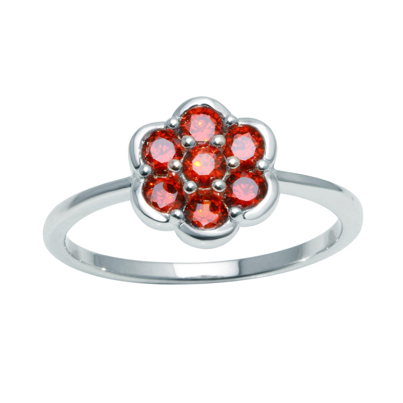 Silver 925 Rhodium Plated Flower Ring with Red CZ - BGR01152RED | Silver Palace Inc.
