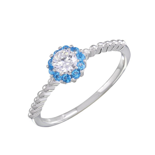 Silver 925 Rhodium Plated Round Blue and Clear CZ Ring - BGR01155 | Silver Palace Inc.