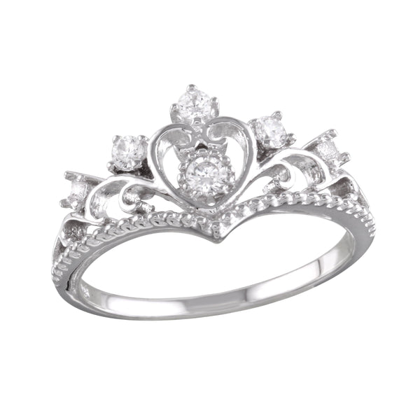 Silver 925 Rhodium Plated Heart Tiara Ring with CZ - BGR01161 | Silver Palace Inc.