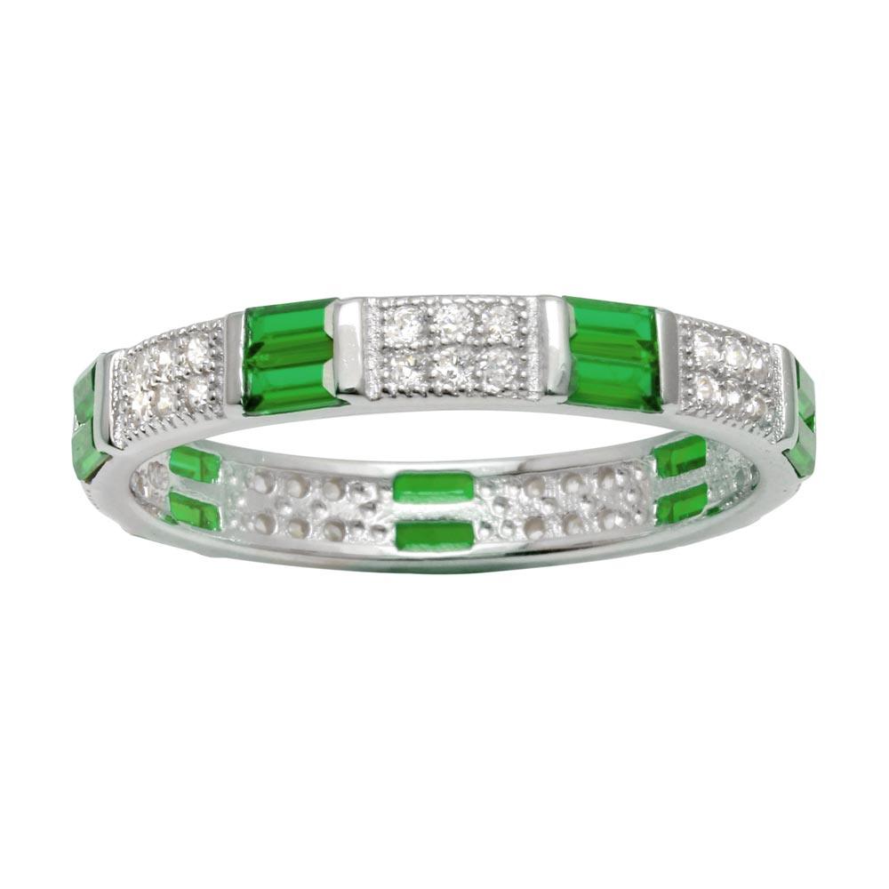 Silver 925 Rhodium Plated Pattern Eternity Ring with Green and Clear CZ ...