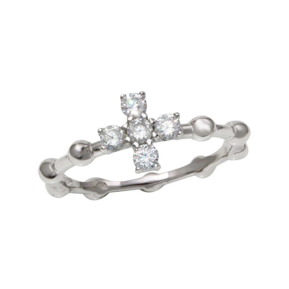 Silver 925 Rhodium Plated Beaded Shank CZ Cross Ring - BGR01193 | Silver Palace Inc.