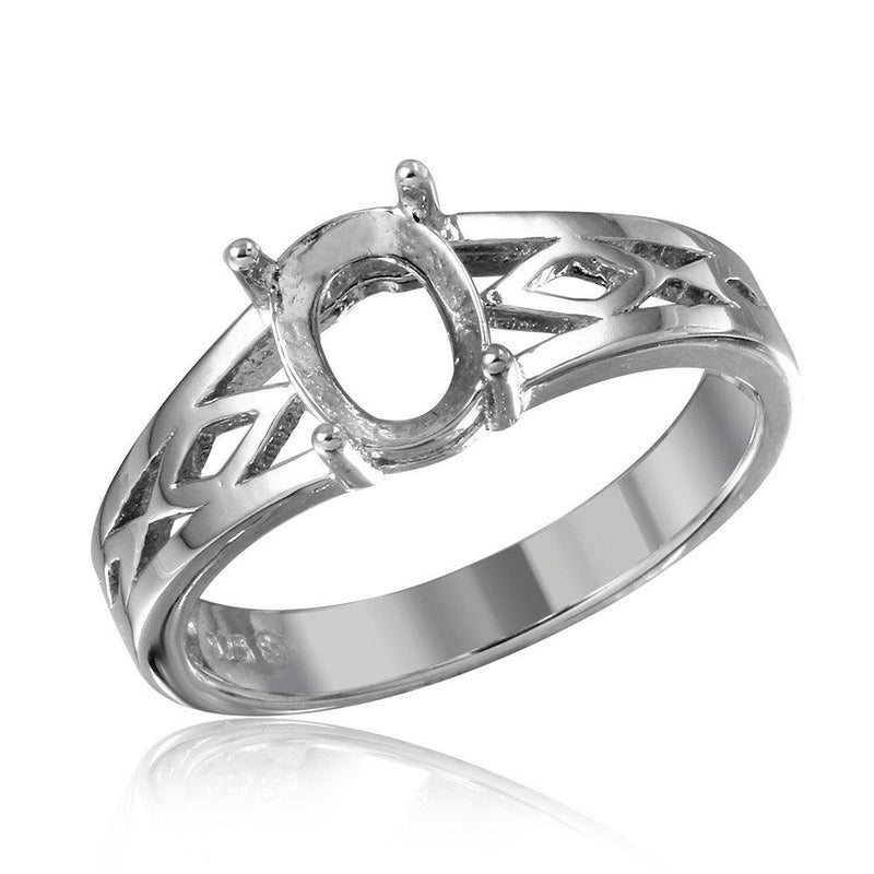 Silver 925 Rhodium Plated Cut Out Designed Shank Single Stone Mounting Ring - BGR01194 | Silver Palace Inc.