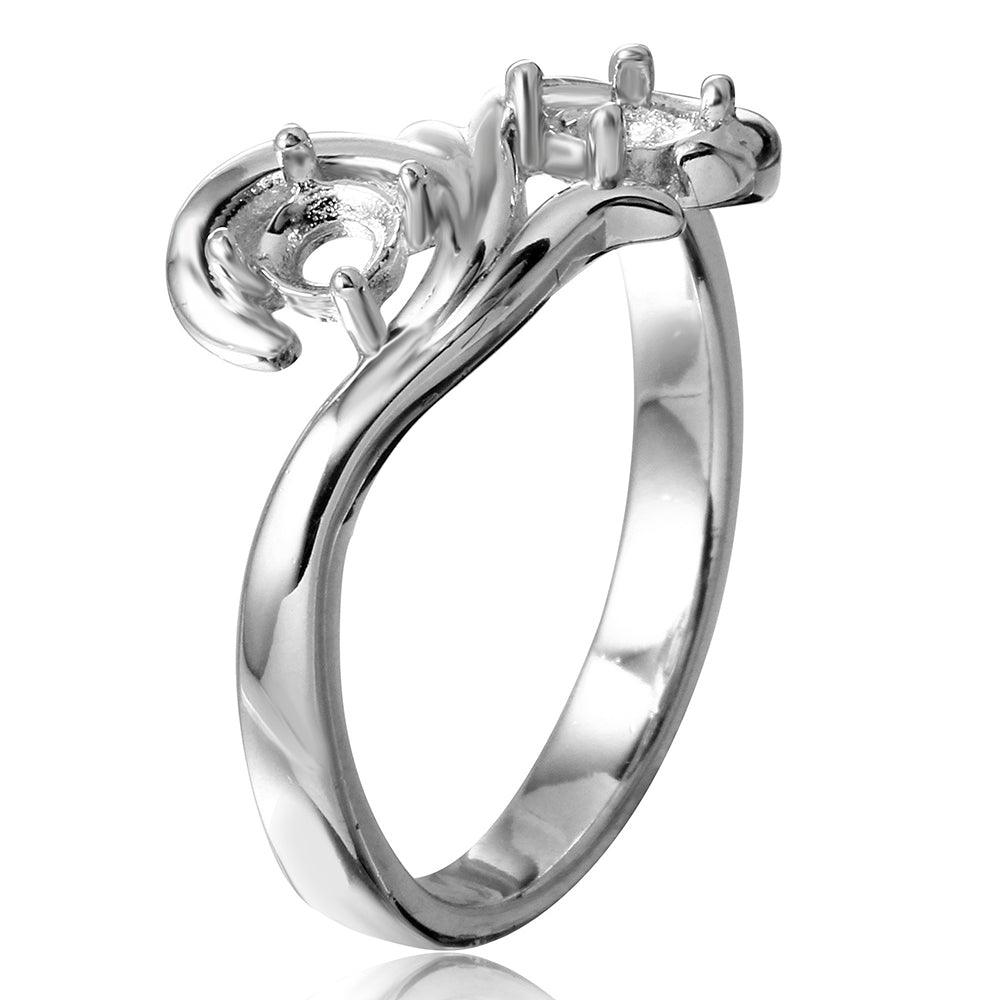 Silver 925 Rhodium Plated Vine Design 2 Stones Mounting Ring - BGR01206