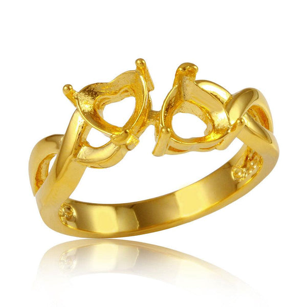 Silver 925 Gold Plated Double Heart  Mounting Twisted Shank Ring - BGR01219GP | Silver Palace Inc.