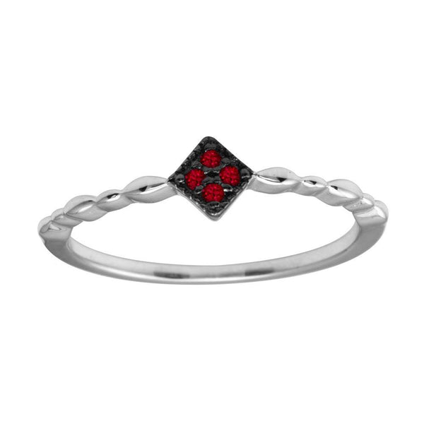 Silver 925 Rhodium Plated Diamond Shape 4 Red CZ Ring - BGR01226RED | Silver Palace Inc.