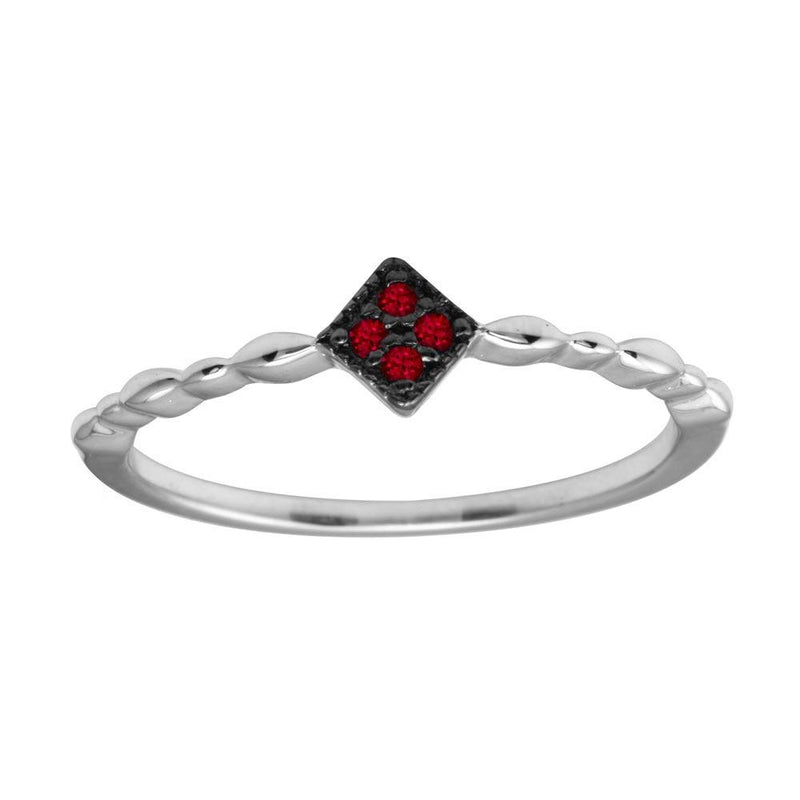 Silver 925 Rhodium Plated Diamond Shape 4 Red CZ Ring - BGR01226RED | Silver Palace Inc.