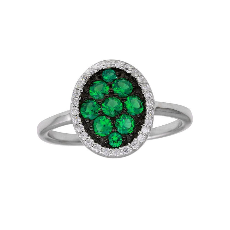 Silver 925 Rhodium Plated Oval Ring with Green and Clear CZ - BGR01233GRN | Silver Palace Inc.